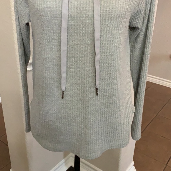 Rags II Riches gray cowl drawstring neckline long sleeved waffle sweater - Picture 6 of 16